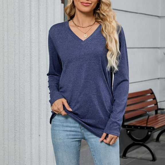 Summer Fashion Tops For Women Solid Color Long Sleeved V-Neck Side Pleated Blouse Casual Work Pullover Tops Navy XL