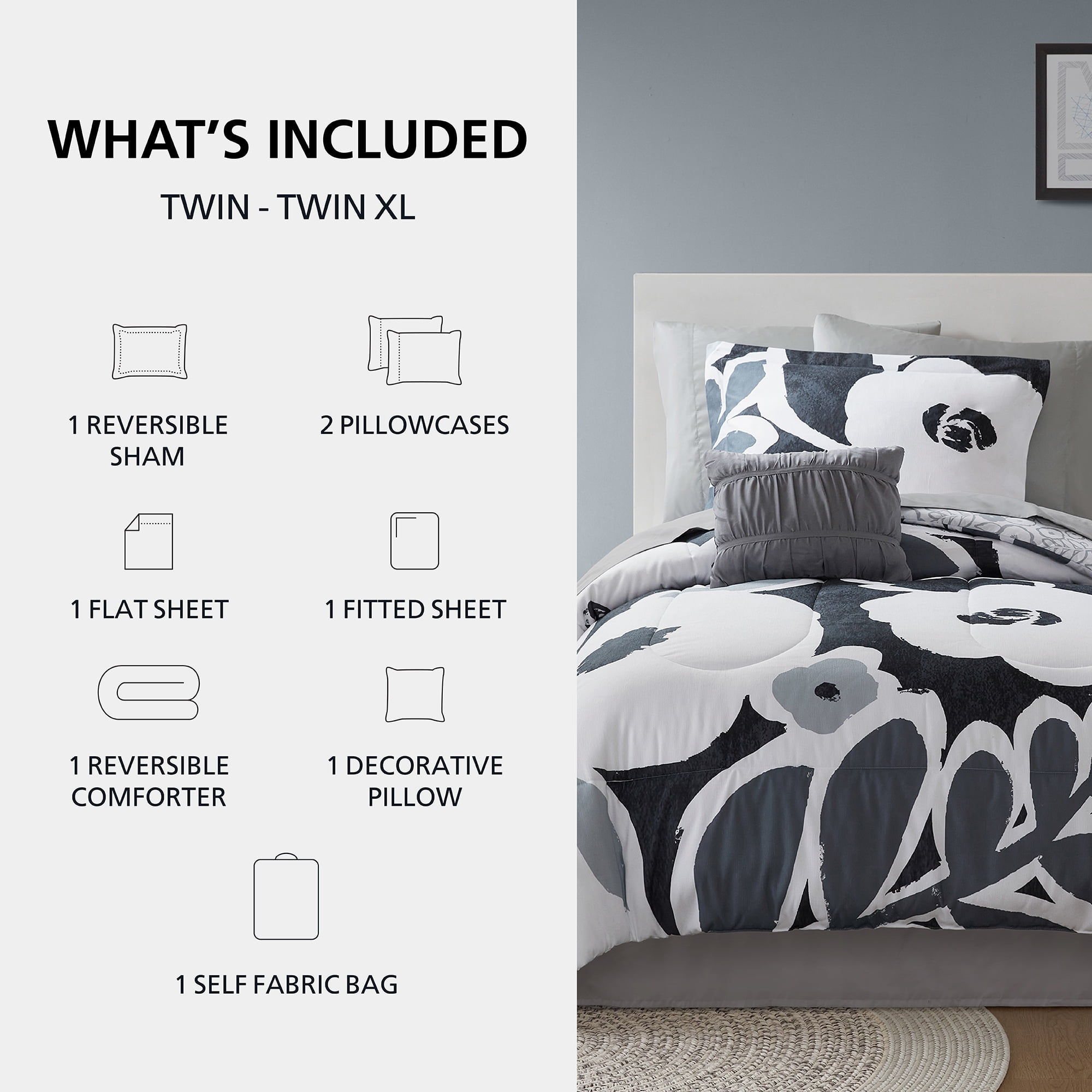 Mainstays All in One Reversible Comforter and Sheet set- 8 Piece, Twin, Black and White Floral