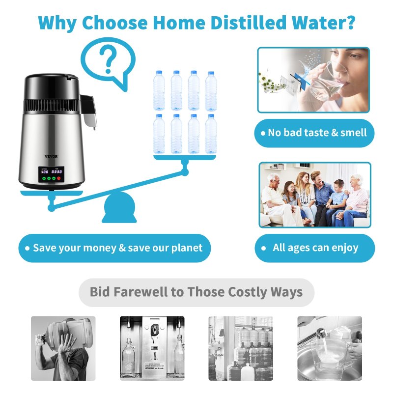 1.1 Gal Water Distiller, 0.3 Gal/H, 750W Distilled Water Maker Machine 0-99H Timing Set Temp Display