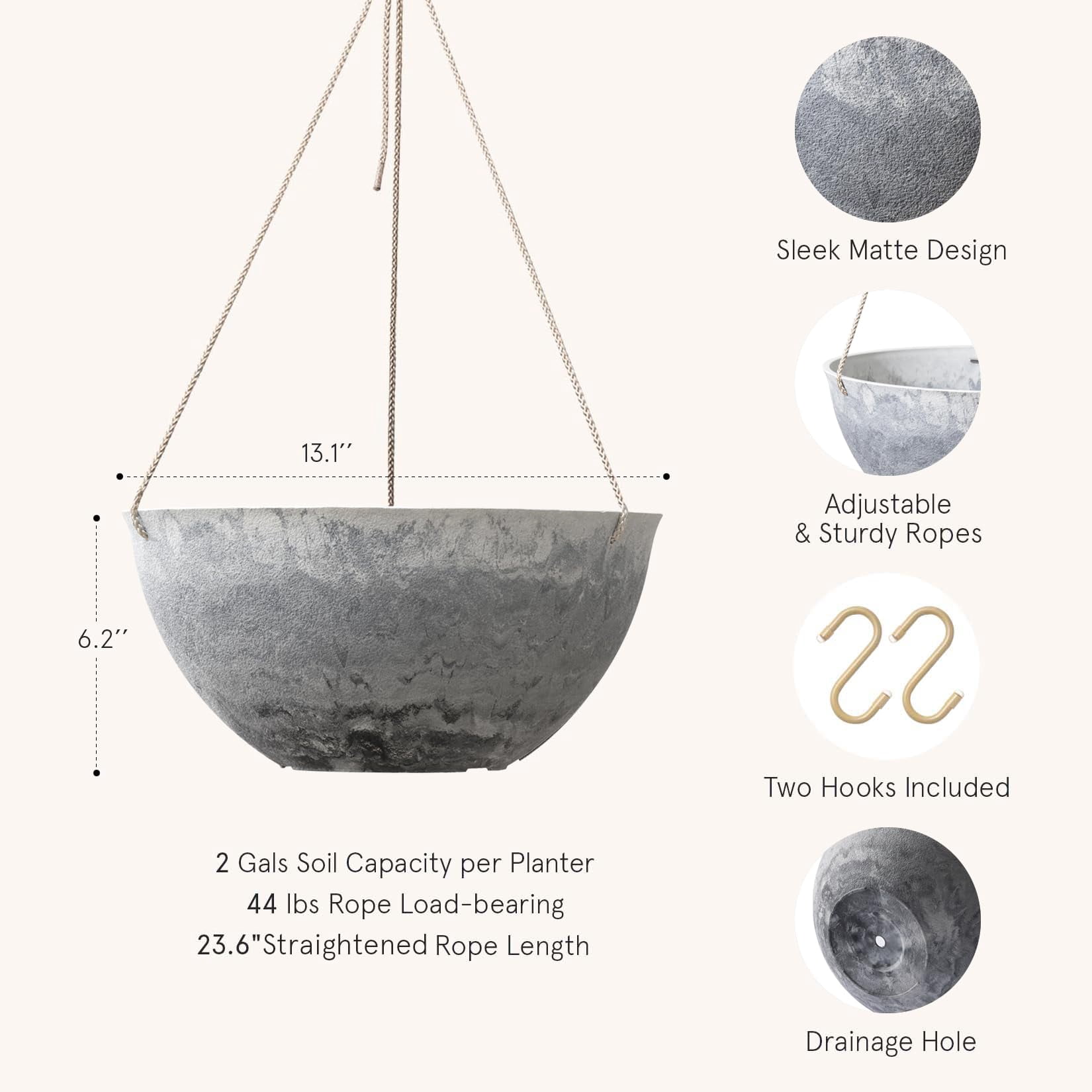 Large Hanging Planters Set of 2 13 Inch Flower Pots Outdoor Indoor Garden Decor Iron Finish