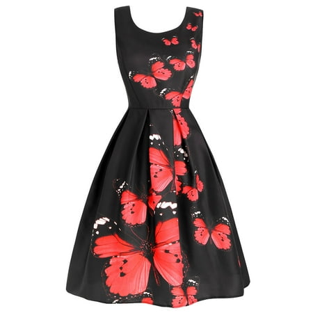 Garden Sleeveless - Womens Vintage Sleeveless Floral Rockabilly Garden Party Dress