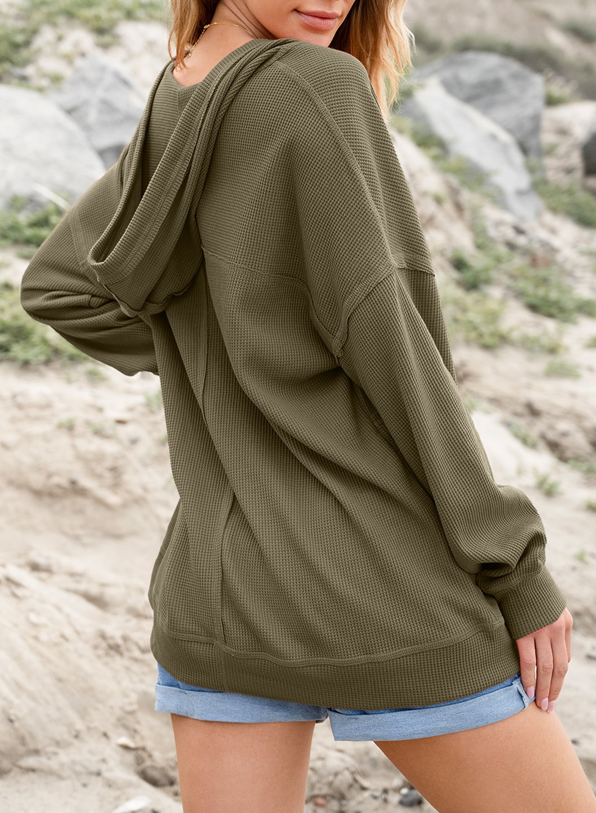 DOKOTOO Women Hoodies Oversized Sweatshirt Fall Casual Long Sleeve V Neck Drawstring Waffle Knit Tops S-2XL