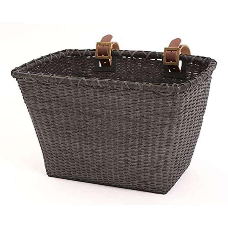 Retrospec Bicycle Cane Woven Rectangular Toto Basket with Authentic Leather Straps & Brass Buckles, Black