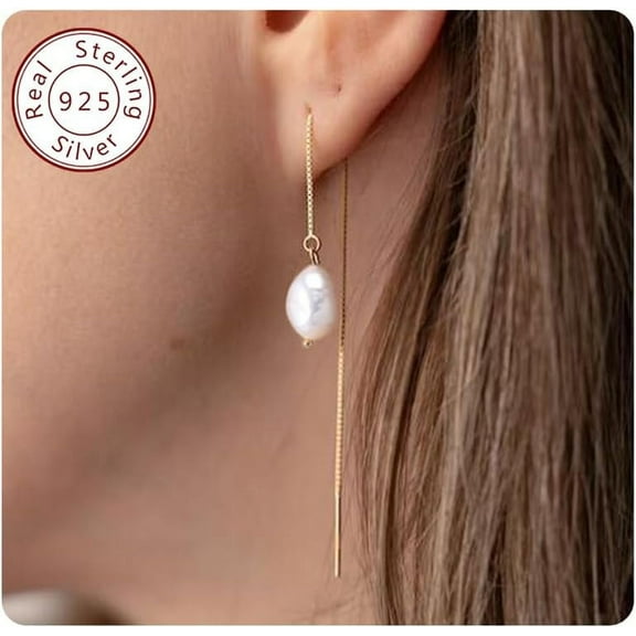 Gold Drop Pearl Earrings For Women,Dainty Pearl Hoop Earrings Threaded Earrings Chain Earrings Double Piercing Drop Earrings Diamond Earrings Wedding Earrings Gift…[Z1]