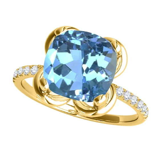 Mauli Jewels Rings for Women 2.35 Carat Cushion Shape Blue Topaz And Diamond Ring Prong 10K Yellow Gold