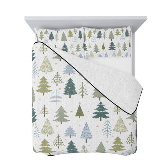Twin Quilt Bedding Set, Christmas Tree Blue Green Soft Microfiber Summer Bedspread Coverlet with 2 Pillow Shams for All Season, Modern Minimalist Art Breathable Bedding Set for Hot Sleepers