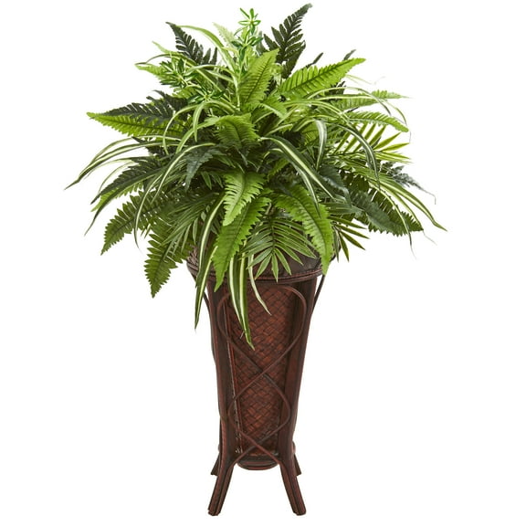 Nearly Natural Plastic 32" Mixed Greens and Fern Artificial Plant in Decorative Stand, Green