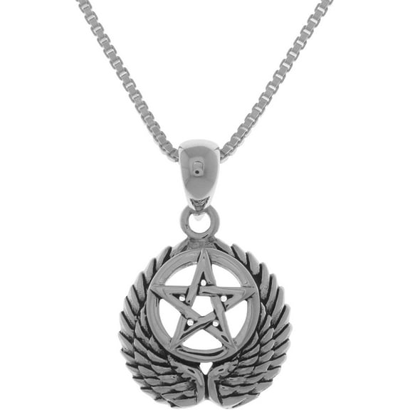 Jewelry Trends Sterling Silver Pentacle with Wings Pendant on 18 Inch Box Chain Necklace