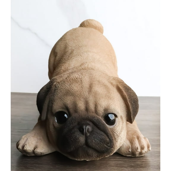 Realistic Lifelike Adorable Fawn Pug Puppy Dog Crouching Playfully Figurine