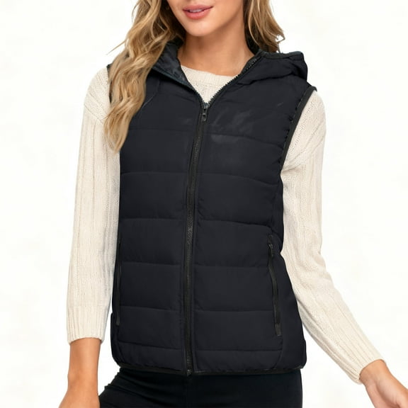 Women's Plus Size Sleeveless Down Vest with Hood, Black, Size XXL
