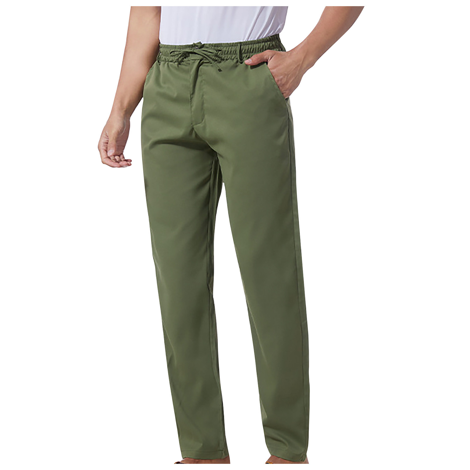 Tdoqot Chinos Pants Men- Casual Drawstring Comftable Elastic Waist Slim Cotton Mens Pants Army Green - image 2 of 6