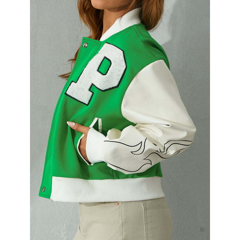 Bright Green Faux Leather Raglan Sleeve Cropped Varsity Bomber Jacket