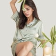 thumbnail image 5 of Women's Satin Pajama Set with Lace Trim Short Sleeve Button Top and Elastic Waist Shorts - Medium, Green, 5 of 7