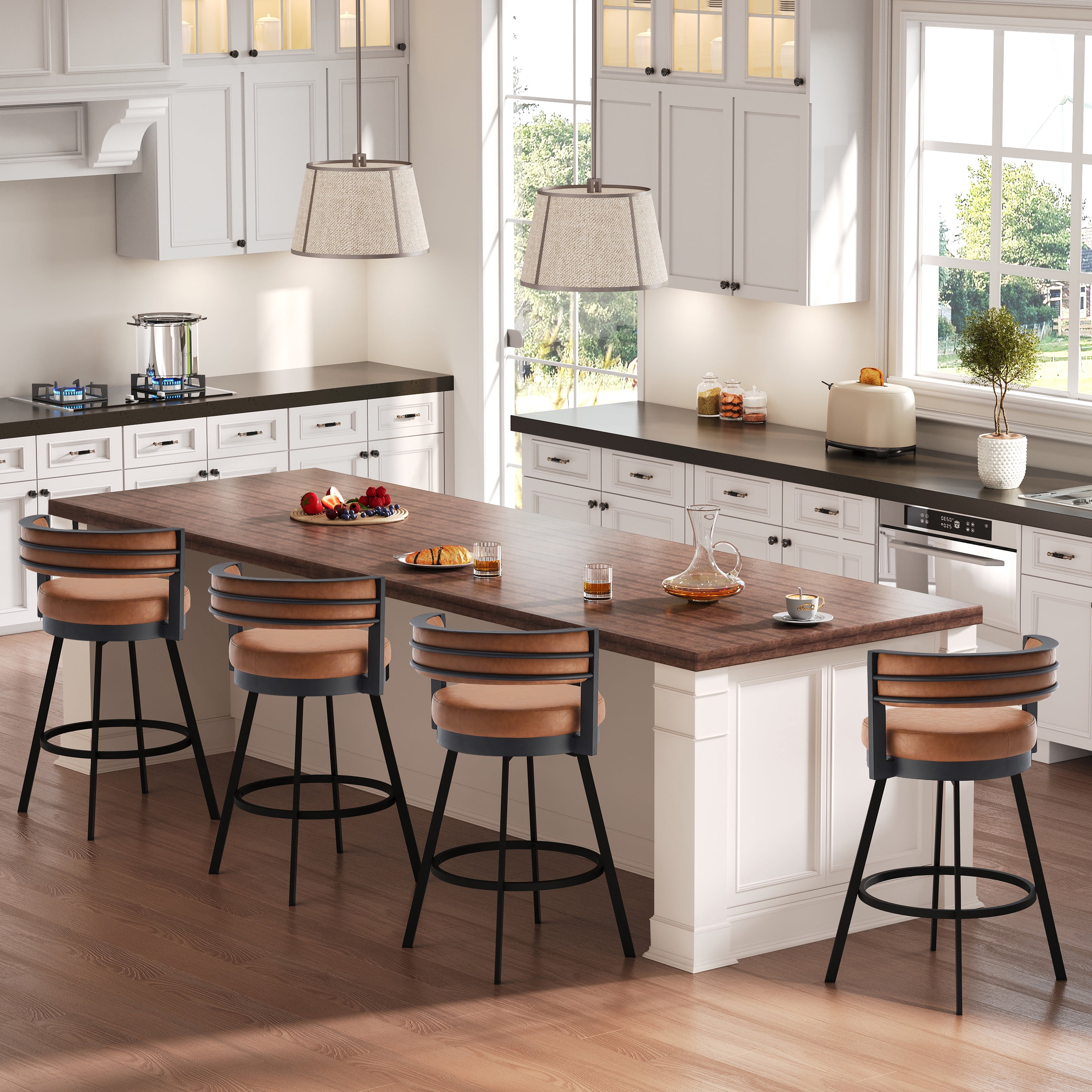 Zesthouse 26.6″ Swivel Bar Stools Set of 2, Faux Leather Upholstered Counter Height Chairs with Barrel Back & Matte Black Metal Legs, Modern Barstools for Kitchen Island, Brown