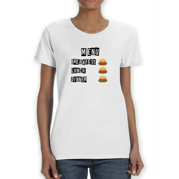 All-Day Menu Burger Graphic Women White T-Shirt, Female x-Large