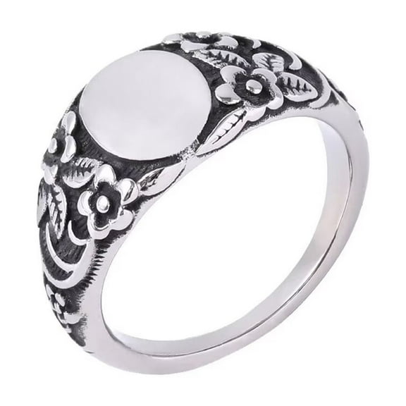 PAMTIER Unisex Stainless Steel Personality Vintage Domed Plain Delicate Flower Pattern Carved Couple Ring Promise Wedding Band Silver Size 7