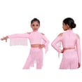 thumbnail image 2 of Aislor Girls Salsa Cha Cha Latin Dance Cold Shoulder Tassel Shiny Rhinestone Long Sleeve Crop Top Pink 16, 2 of 7
