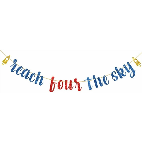 Reach Four The Sky Banner, Cartoon Theme 4th Birthday Party Bunting Decor for Kids Boys Girls, Buzz Party Garland Light Year Toy Inspired Story 4th Birthday Party Supplies