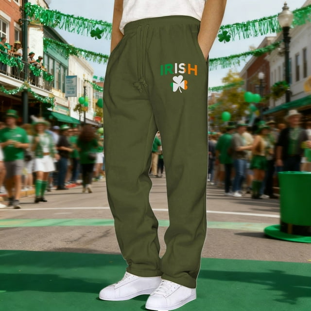 Ceisia Men's Trendy St. Patrick's Gift Day Print Elastic Waist Lacing Straight Casual Work Pants with Pockets