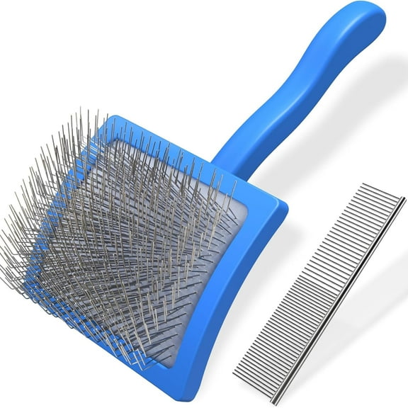 2PCS Slicker Brush for Dogs & Pet Comb, Professional Dog Grooming Brush Goldendoodles Poodles Labradoodles with Extra Long Pins to Effectively Remove Tangles, Knots and Mats Blue