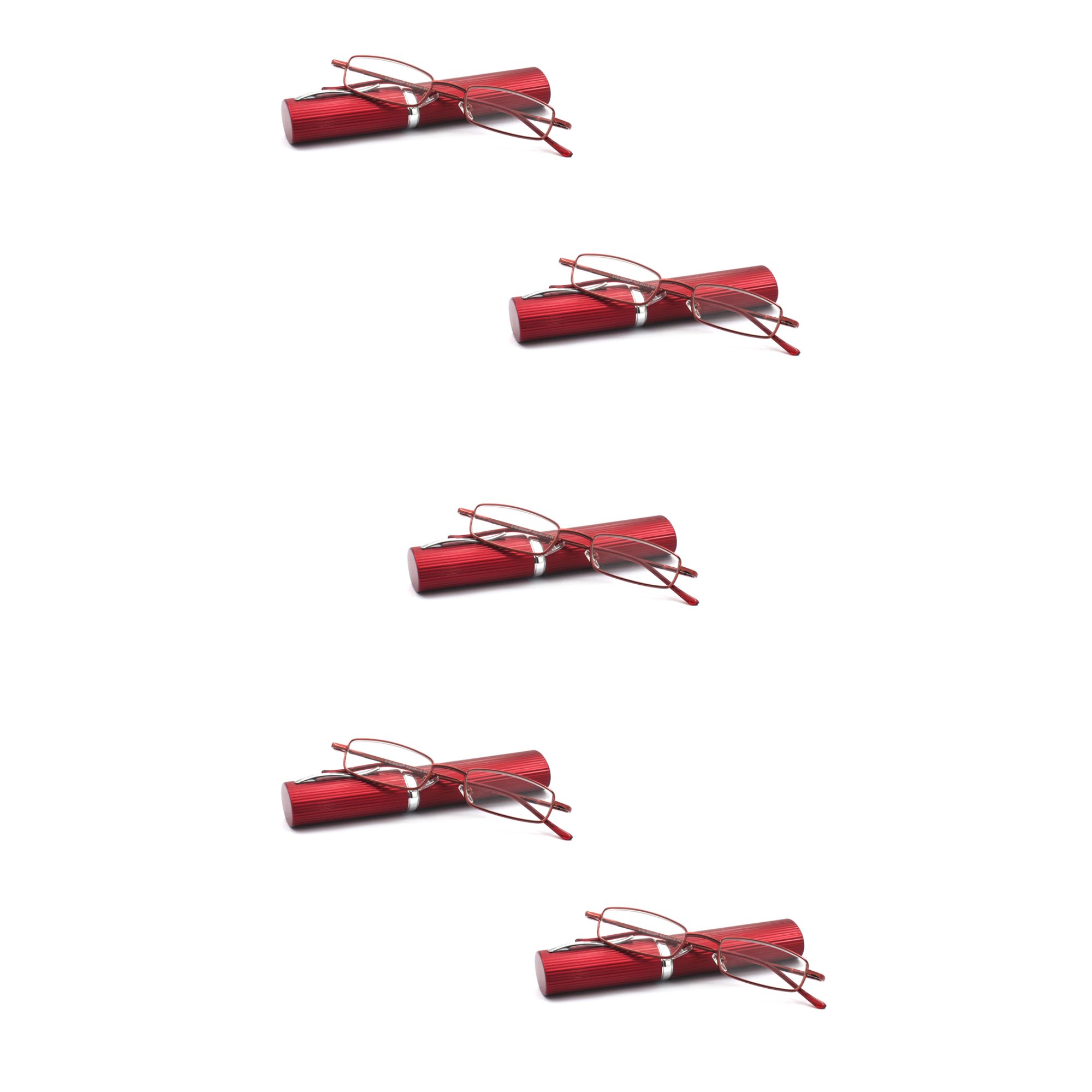 EYE ZOOM 5 Pack Readers Ultra Slim Compact Lightweight Tube Reading Glasses with Portable Clip Aluminum Case for Men and Women, Wine Red Strength +1.25