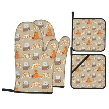 

Oven Mitts and Pot Holders Sets 4 pcs Funny Cartoon Carton Cat Non-Slip Oven Gloves Potholders Soft Quilted Lining Heat Resistant Gloves Hot Pads for Kitchen Cooking Baking