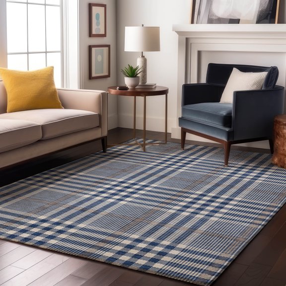Addison Rugs Mayfield Premium Machine Washable Transitional Plaid Navy Rectangle Rug, 5' x 7'6"