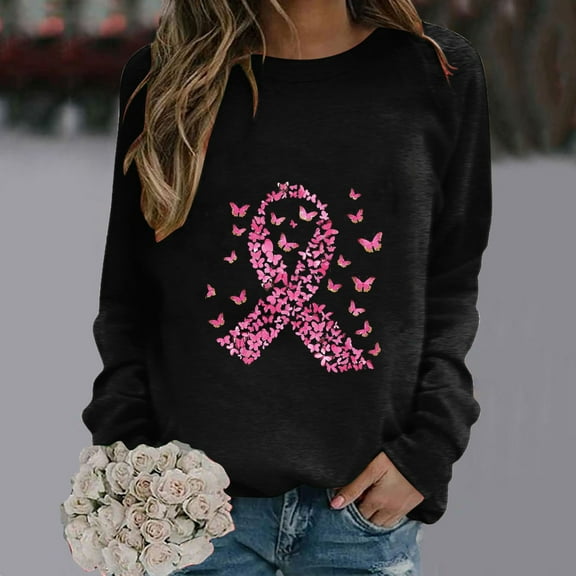 CLOISE Cancer Sweatshirt Women Breast Cancer Awareness Sweatshirt Butterfly Ribbon Pink Crew Neck Long Sleeve Shirts Cancer Fight Blouses Comfy Pullover Tops in October Clothes Black XL