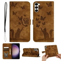 Wallet Case Designed for Samsung Galaxy S22 for Women,Flip Folio Cover with Butterfly Embossed PU Leather Kickstand Credit Card Holder Slots Magnetic Wrist Strap Phone Case, Brown