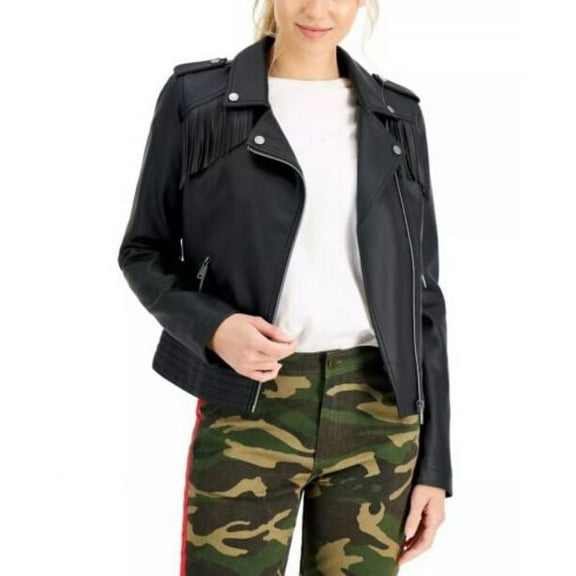 Coffeeshop Junior's Faux Leather Fringe Moto Jacket Black Size Medium