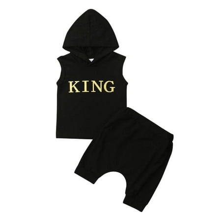Newborn Infant Toddler Baby Boy Gold King Letter Hoodie Top Short Pants Outfits Clothes