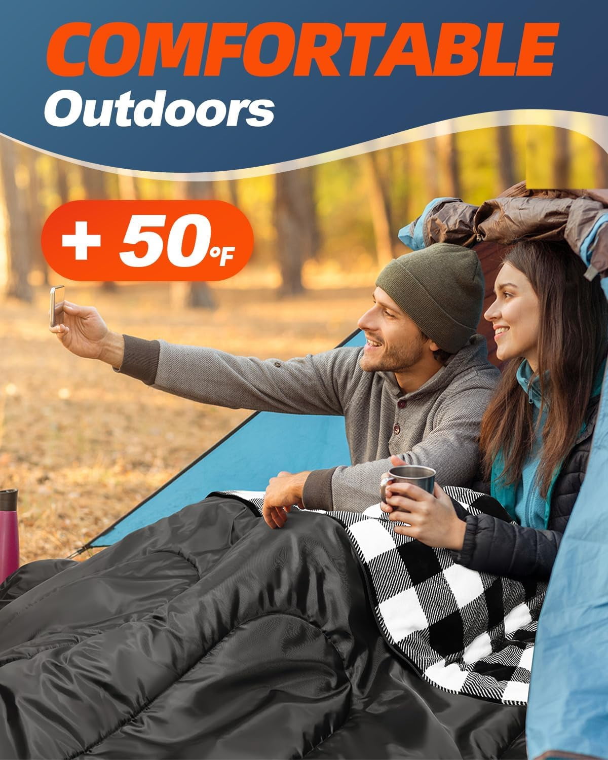 Flannel Double Sleeping Bag for Adults Cold Weather, XL Queen Size All Season 2 Person Big and Tall Bags Camping 0 Degree with Pillow