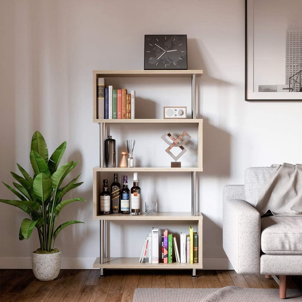 Lowestbest S-Shaped 5 Shelf Bookcase, Wooden Bookshelf Stand for Home Office Living Room