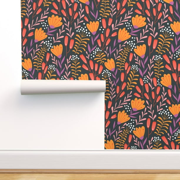 Peel-and-Stick Removable Wallpaper Meadow Floral Mustard Purple Coral