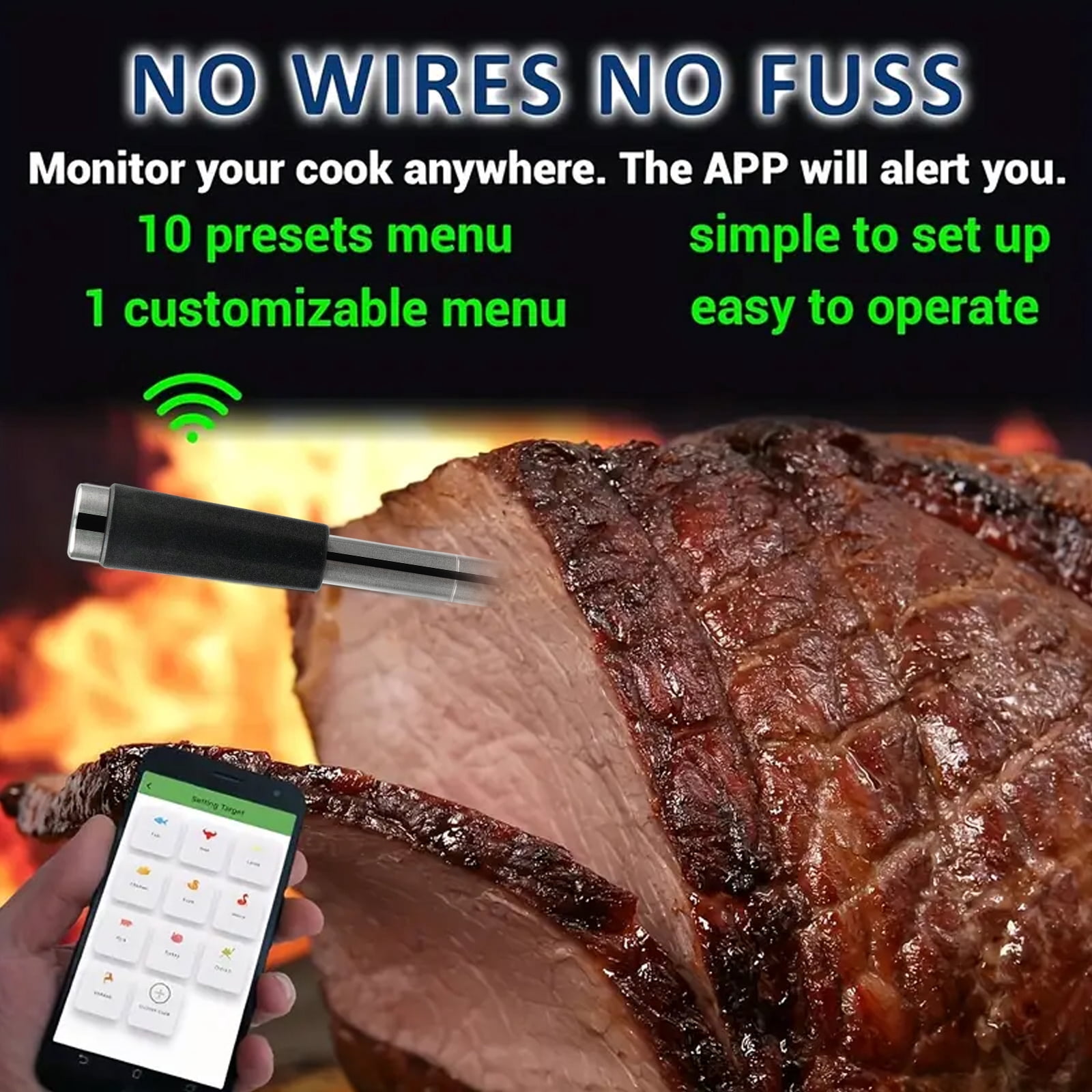 Wireless Digital Food Thermometer,Smart Bluetooth Meat Thermometer with App,656 Ft Range,Grill Thermometer for Outside,Dual Probes