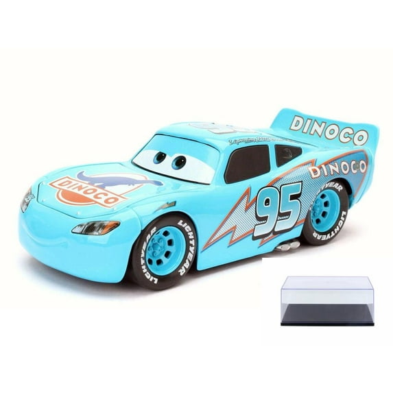 Diecast Car & Display Case Package - Disney Pixar CARS DINOCO Lightning McQueen, Sky Blue - Jada 98100 - 1/24 Scale Diecast Model Toy Car w/Display Case