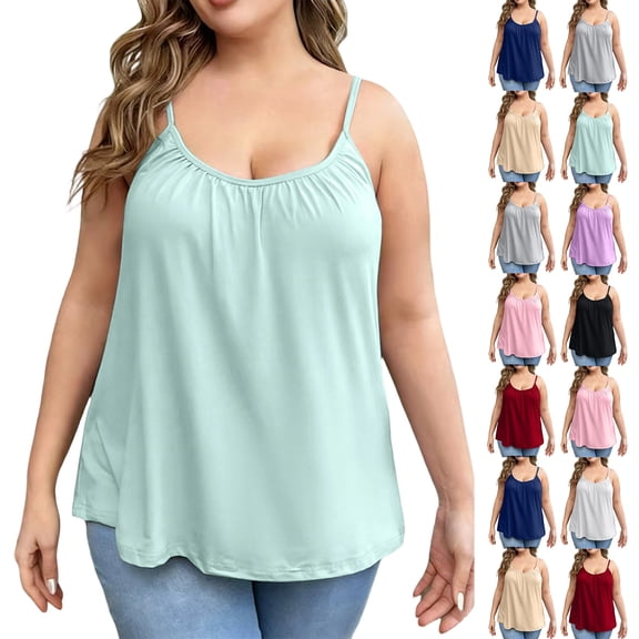 Plus Size Women V Neck Spaghetti Strap Tops Trendy Ruched Casual Tops Comfortable Soft Loose Fit Summer Tees with Built-in Bra Green 4XL