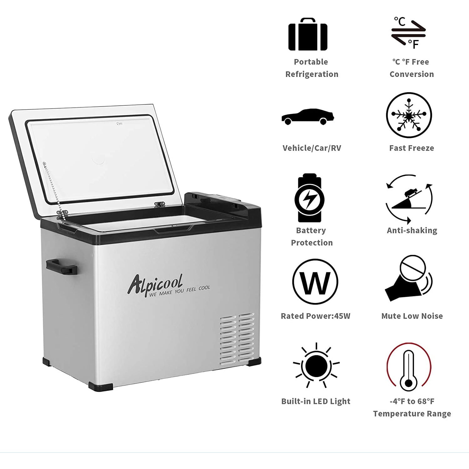 Alpicool 53 Quart Portable Mini Fridge Freezer for Car Truck RV, Silver, 37 lb, 12V DC