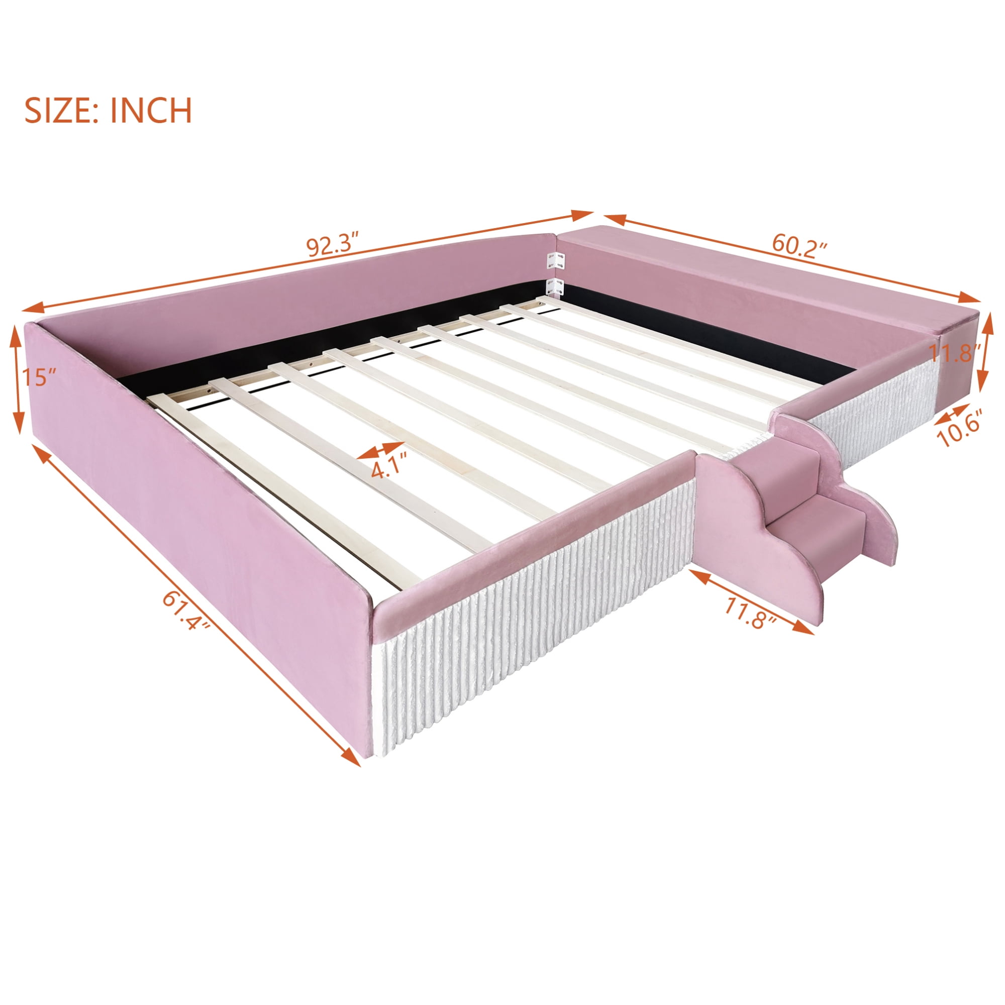 Leumius Queen Size Floor Bed Frame with Stairs & Gas Lift Storage Ottoman, Velvet Upholstered Daybed with Padded Guardrails, Pink+White