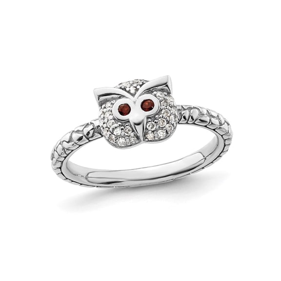 1/8 Carat (Ctw) Diamond Owl Ring in Sterling Silver with Garnet Eyes