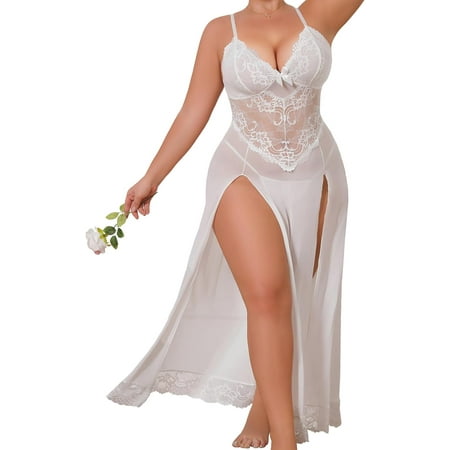 Plus Size Lingerie For Women Babydoll sex Mesh Maxi Nightdress Exotic Sleepwear Side Slits White XXXL