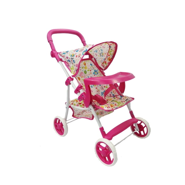 carriola para muñeca tek by thebabyshop ebkcarri01 rosa - carriola para muñecas con marco metálico blanco y piezas rosas, asiento estampado multicolor y correa de seguridad, toldo retráctil y charola frontal desmontable, manillar con altura ajustable, cuatro llantas que no marcan pisos y canasta inferior de malla; altura 60 cm, apta para muñecas hasta 52 cm.