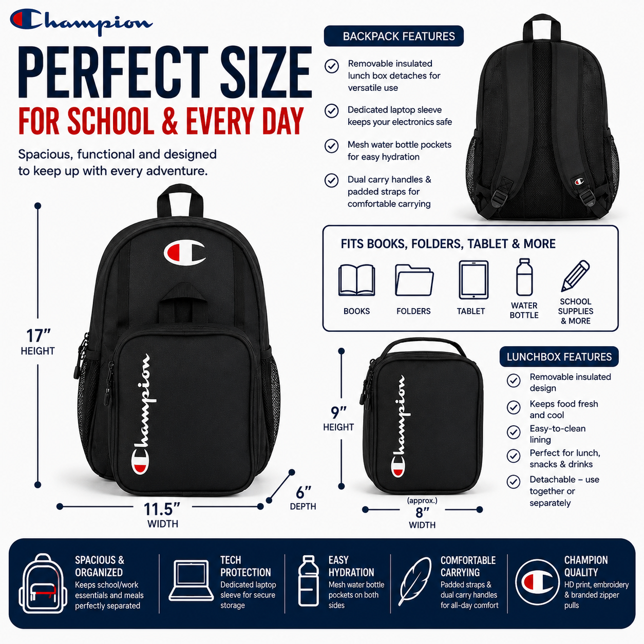 Set de mochila escolar para niños y niñas con lonchera desmontable - Paquete de 2 piezas para niños (17 pulgadas) 4