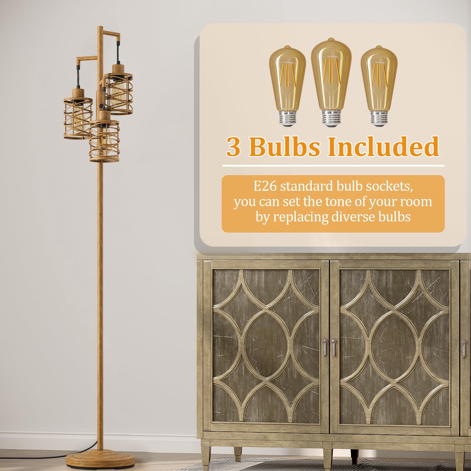 70" Industrial Floor Lamp with Stepless Dimming, 3 Teal Glass Bulbs Included for Living Room