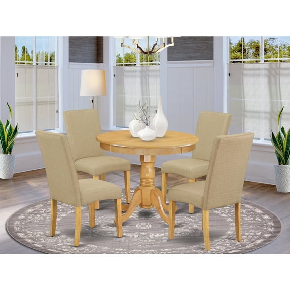 Round Dining Table Set 5pc - 36" Table & 4 Chairs - Rustic Oak Finish - Linen Fabric Dark Khaki
