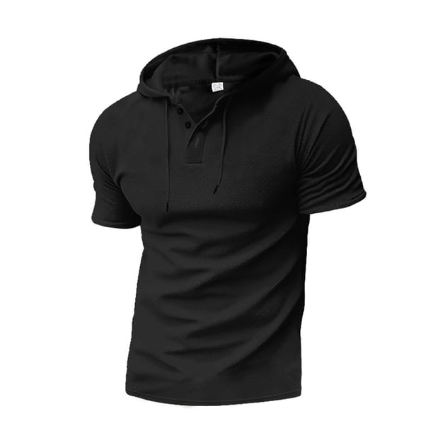 Camisas de Manga Corta de los Hombres Delgada con Cordón Botón Arriba con Capucha, Blusa de Poliéster Transpirable para Diario