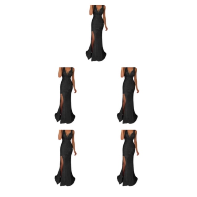 QualitChoice Robe de Soirée Tenue de Fête Vêtement Festif Col en V Longue Fente pour Bal Cocktail Fin Lavable Robe de Bal Exquise Noire G 5 Pcs