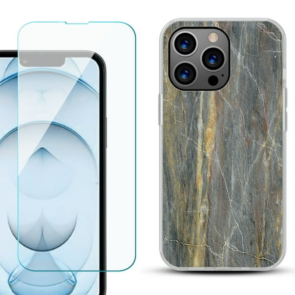 Slim-Fit Gel TPU Phone Case for iPhone 13 Pro Max, with Tempered Glass Screen Protector, by OneToughShield ® - Marble/Camo