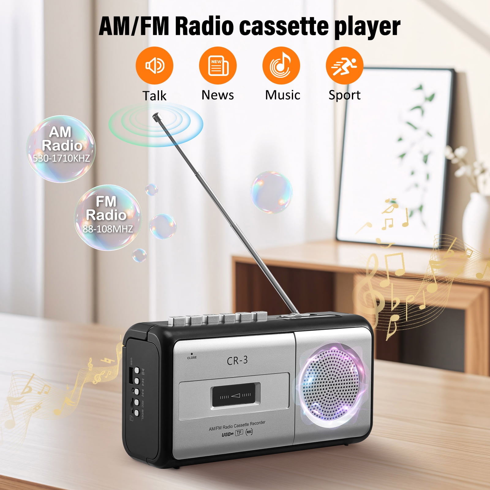 Portable Cassette Player Boombox AM/FM Radio Stereo, Casette Tape Player Recorder with Earphone Jack Battery Operated or AC Powered