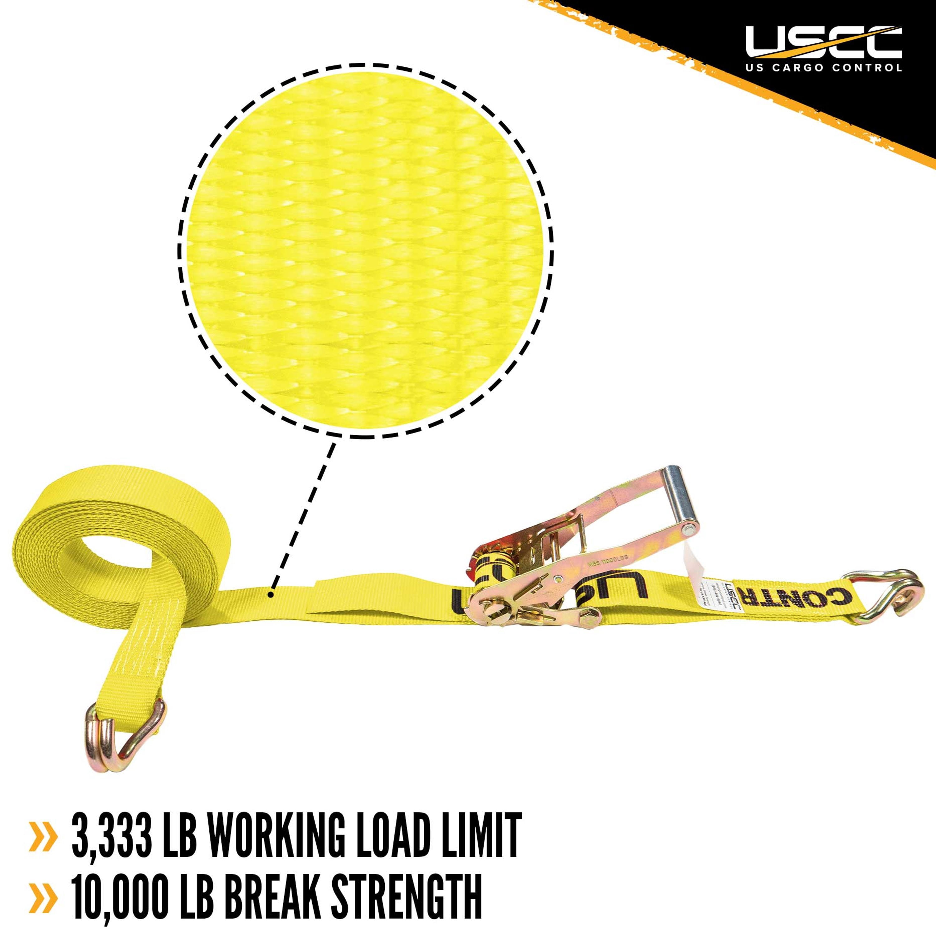 US Cargo Control 2 Inch Wide x 24 Foot Long Ratchet Strap With Wire Hooks, Yellow Tiedown Strap With Double J Hooks, Secure Cargo With Ease